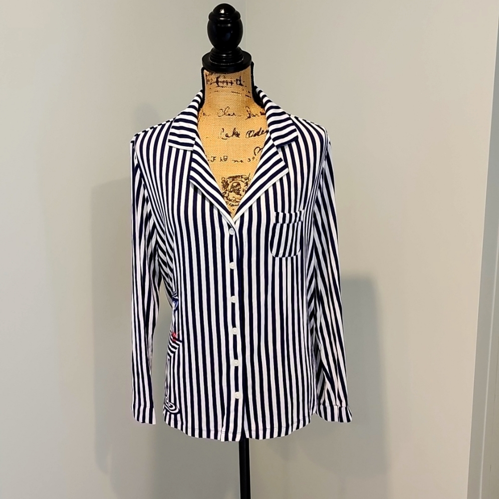 Soma Cool Nights Long Sleeve Notched Collar Top, Navy & White, Size Large